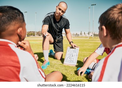 Soccer team, children and coach with clipboard while talking workout plan, training and tactics on soccer field outdoor for fitness, competition and sport. Man talking to football group planning game - Powered by Shutterstock