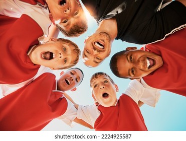Soccer, team and coach in huddle, celebration and happy with smile, winner and boy group from bottom. Football kids, excited or children teamwork for fitness, training or workout after game or match - Powered by Shutterstock