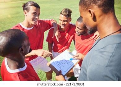 Soccer, team and coaching with strategy, paper and formation with talking, communication and planning. Men football group, coach and clipboard with game instruction on sport pitch or field together - Shutterstock ID 2217170831