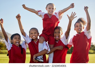 Soccer, team and girls celebrate winning, success and competitive game on field. Teamwork, happy players and female football champions group victorious together with fitness, exercise and training. - Powered by Shutterstock