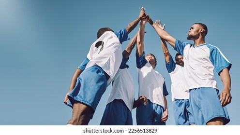 Soccer, team high five and men celebrate winning at sports competition or game with teamwork on field. Football champion group with motivation hands for a goal, performance and fitness achievement - Powered by Shutterstock