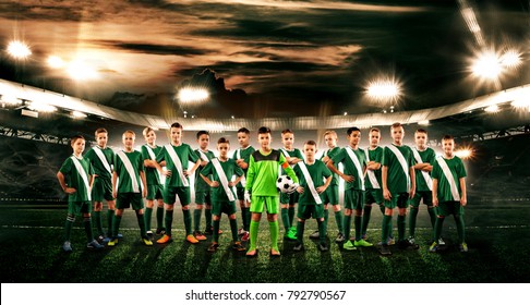 Soccer Team. Kids - Future Champions. Boys In Football Sportswear On Stadium With Ball. Sport Concept.