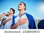 Soccer team, national anthem and listening at stadium with mockup space before competition, game or match. Football, song and sports group together for pride, collaboration and serious for contest.