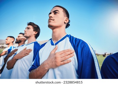 Soccer team, national anthem and listening at stadium with mockup space before competition, game or match. Football, song and sports group together for pride, collaboration and serious for contest. - Powered by Shutterstock