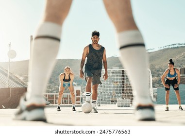 Soccer, team and playing on court, doing training and exercise for match day for fitness, wellness and outdoor. Football, players and teamwork for game and health .with workout and sportswear. - Powered by Shutterstock