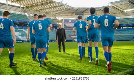 Soccer Team Training on Stadium: Coach Calls Players to Discuss Football Game Strategy, Tactics. Trainer Leads Athletes to Victory, Preparing For Championship, Encouraging Sportsmen. Workout Plan - Powered by Shutterstock