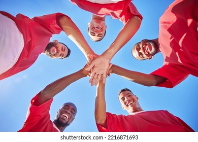 Soccer, Teamwork And Soccer Player Together With Hands In Circle For Team Spirit For Motivation Before Football Competition Sports Game. Community Trust, Group Collaboration And Men Fitness Exercise