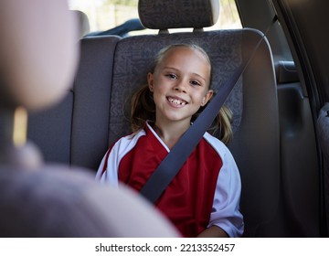 Soccer, Travel And Girl In A Car With A Happy, Excited And Big Smile For A Sports Training Match Exercise For Kids. Road, Safety And Young Child Traveling In A Vehicle To A Weekend Football Trip