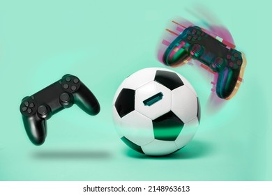 Soccer video game concept, soccer ball with hdmi input , joystick flying around. One joypad regular, other glitching 