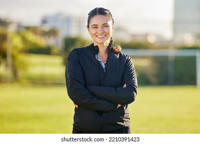 Soccer Woman And Coach Portrait On Field For Match Game In Mexico With Optimistic And Joyful Smile. Proud, Happy And Excited Mexican Football Teacher Smiling At Professional Sports Tournament.