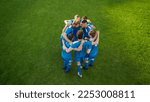 Soccer World Championship: Blue Team Players Happy, Celebrate Victory, Hug, Future Winners Jump in Circle before start of the Game. League Tournament Season Finals. Football Concept.