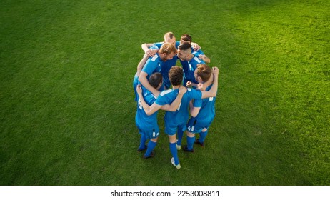 Soccer World Championship: Blue Team Players Happy, Celebrate Victory, Hug, Future Winners Jump in Circle before start of the Game. League Tournament Season Finals. Football Concept. - Powered by Shutterstock