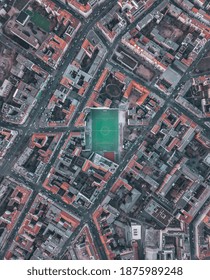 Soccerfield Football Field In Urban City Residential Neighborhood Of Berlin, Germany, Aerial Birds Eye Overhead Top Down View