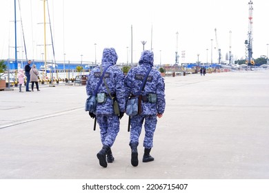 Sochi, Adler,Russia, April,15 2022, Two Men From The Russian Guard Walk Down The Street. Rosgvardiya