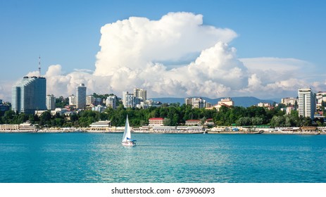 Sochi City Coast Panorama At Summer. Wide Format. Black Sea, Russia. 