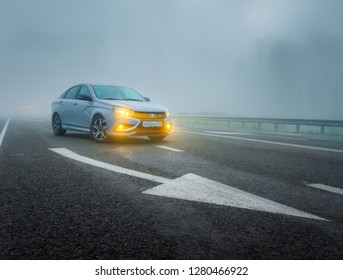 Sochi, Krasnodar Region, Russia - August 31, 2018: Тhe New Prestigious LADA Vesta Sport Car On High-speed Roads. Car In Blue Fog With Yellow Light. Presentation The New Vehicle Production Of AVTOVAZ