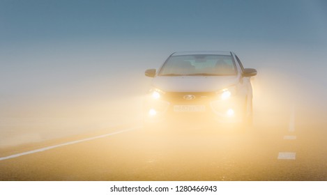 Sochi, Krasnodar Region, Russia - August 31, 2018: Тhe New Prestigious LADA Vesta Sport Car On High-speed Roads. Car In Blue Fog With Yellow Light. Presentation The New Vehicle Production Of AVTOVAZ