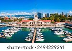 Sochi port or marine passenger terminal aerial panoramic view in Sochi. Sochi is the resort city along the Black Sea in Russia.