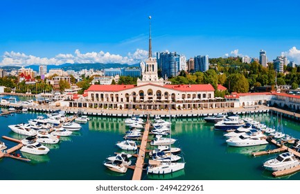 Sochi port or marine passenger terminal aerial panoramic view in Sochi. Sochi is the resort city along the Black Sea in Russia.