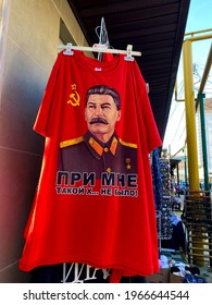 Sochi, Rusiia 28 March 2021: T-shirt With Portraits Of Stalin Hangs  In Sochi. Russia