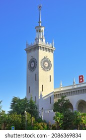 Sochi, Russia, 11.01.2021: The Tower Of The Railway Station. Town Hall With A Clock In The Style Of Soviet Classicism Under A Blue Sky