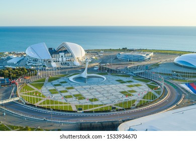 Sochi, Russia - 2019: Olympic Park, Fisht Stadium And The Olympic Flame, Aerial View.