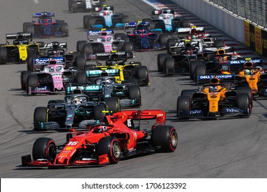 SOCHI, RUSSIA - 29 September 2019: Charles Leclerc Leading at Formula 1 Grand Prix of Russia 2019