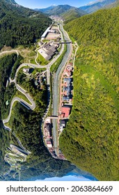 Sochi, Russia. Alpine Highway. Rosa Khutor Village. The Village Of Krasnaya Polyana. Valley Of The Mzymta River. Aerial View