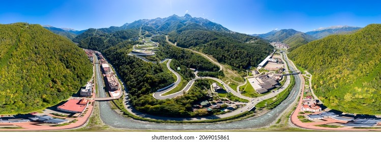 Sochi, Russia. Alpine Highway. Rosa Khutor Village. The Village Of Krasnaya Polyana. Valley Of The Mzymta River. Panorama 360. Aerial View