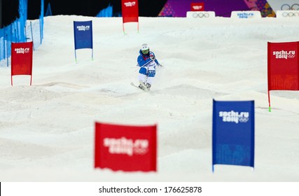 SOCHI, RUSSIA - FEB 10, 2014: Benjamin CAVET (FRA) At Men's Moguls Final Of Freestyle Skiing At Sochi 2014 XXII Olympic Winter Games