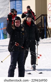 SOCHI, RUSSIA  FEB 18, 2011: Russian President Vladimir Putin And Prime Minister Dmitry Medvedev Skiing In The Ski Resort Laura On February 18, 2011.