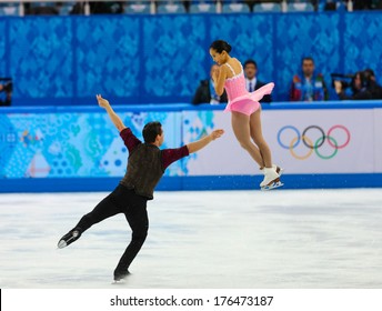 Sochi, RUSSIA - February 11, 2014: Felicia ZHANG and Nathan BARTHOLOMAY (USA) on ice during figure skating competition of pairs in short program at Sochi 2014 XXII Olympic Winter Games