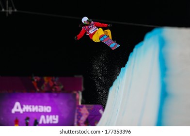 Sochi, RUSSIA - February 12, 2014: Jiayu LIU (CHN) At Snowboard Competition During Ladies' Halfpipe Qualification At Sochi 2014 XXII Olympic Winter Games