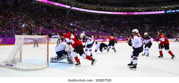 Sochi, RUSSIA - February 20, 2014: Rebecca JOHNSTON (CAN) At Canada Vs. USA Ice Hockey Women's Gold Medal Game At The Sochi 2014 Olympic Games