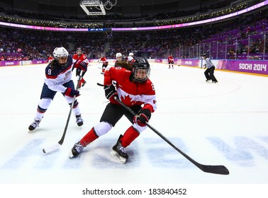 Sochi, RUSSIA - February 20, 2014: Rebecca JOHNSTON (CAN) At Canada Vs. USA Ice Hockey Women's Gold Medal Game At The Sochi 2014 Olympic Games