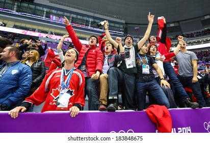 Sochi, RUSSIA - February 20, 2014: Fans of Canadian Women's Ice hockey team celebrates their team victory in Gold Medal Game vs. USA team at the Sochi 2014 Olympic Games