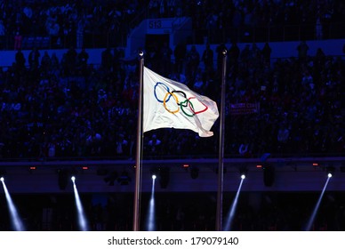 Sochi, RUSSIA - February 23, 2014: Olympic Flag At Closing Ceremony In Fisht Olympic Stadium At The Sochi 2014 Olympic Games