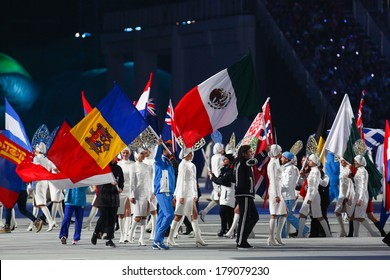 Sochi, RUSSIA - February 23, 2014: National flags at closing ceremony in Fisht Olympic Stadium at the Sochi 2014 Olympic Games