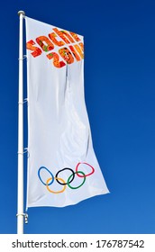 SOCHI, RUSSIA - FEBRUARY 7, 2014: Olympic Flag With The Symbol Of The Sochi 2014 In Olympic Park