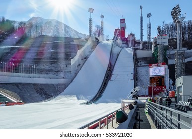 Sochi, Russia - February 8, 2014: Ski Jumping At The 2014 Winter Olympics Was Held At The RusSki Gorki Jumping Center, Krasnaya Polyana