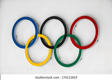 Sochi, RUSSIA - February 9, 2014: Olympic rings above shooting range during Biathlon Women's 7.5 km Sprint at Sochi 2014 XXII Olympic Winter Games