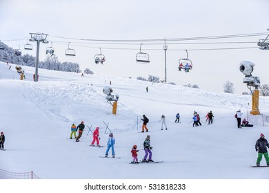 Sochi, Russia - January 9, 2015: Snowy Ski Slopes In Krasnaya Polyana Winter Mountain Resort Can Be Hosting Ski And Snowboard Riders Right Until June