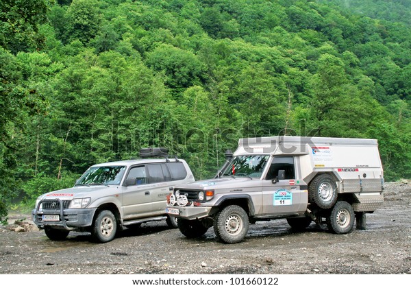 SOCHI, RUSSIA -\
JULY 20: Toyota Land Cruiser off-road cars take part at the\
international expedition Germany-Russia (12 July - 08 August 2009)\
on July 20, 2009 in Sochi,\
Russia.