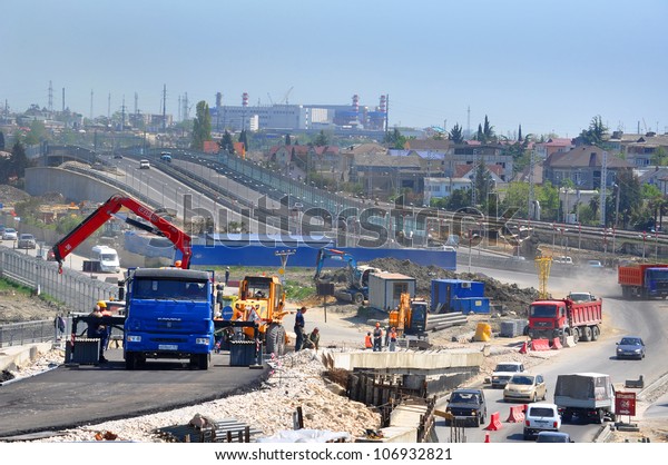 SOCHI,
RUSSIA - JULY 26: Construction of a two-tier road interchange
