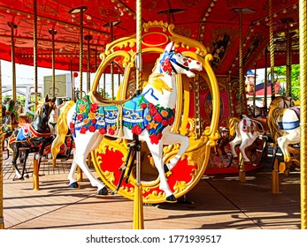 Sochi, Russia June 2020. Attraction In Sochi Park. Children's Carousel With Horses. Olympic Park. Quarantine, Coronavirus. No People.