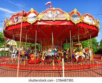 Sochi, Russia June 2020. Attraction In Sochi Park. Children's Carousel With Horses. Olympic Park. Quarantine, Coronavirus. No People.