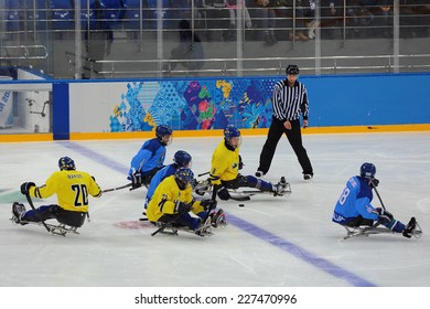 SOCHI, RUSSIA - MAR 12, 2014: Paralympic Winter Games In Ice Arena Shayba. The Sledge Hockey, Match Italy-Sweden