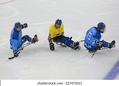 SOCHI, RUSSIA - MAR 12, 2014: Paralympic Winter Games In Ice Arena Shayba. The Sledge Hockey, Match Italy-Sweden