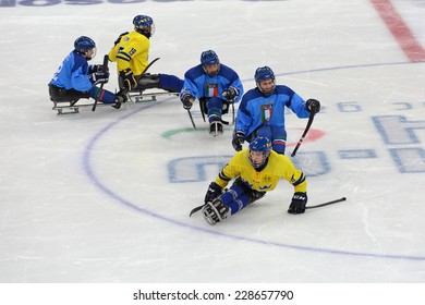 SOCHI, RUSSIA - MAR 12, 2014: Paralympic Winter Games In Ice Arena Shayba. The Sledge Hockey, Match Italy-Sweden