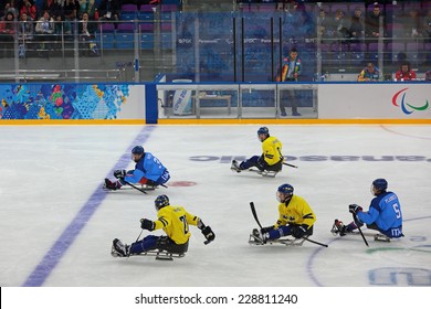 SOCHI, RUSSIA - MAR 12, 2014: Paralympic Winter Games In Ice Arena Shayba. The Sledge Hockey, Match Italy-Sweden